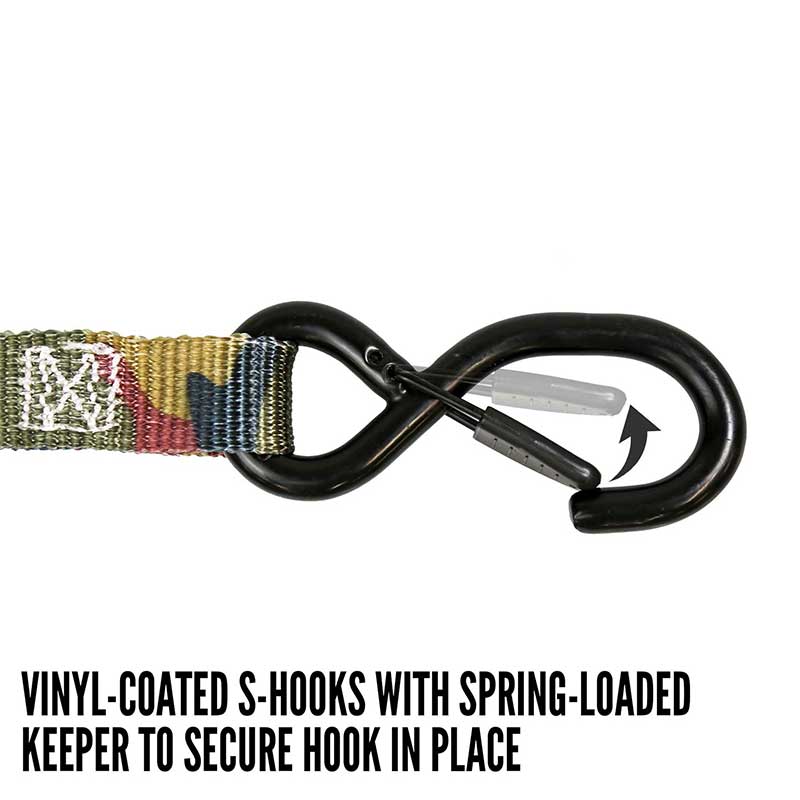 สายรัดวงล้อด้ามจับเหล็กลายพราง 1'' X 8' พร้อมตะขอและตัวเก็บ S-Hook เคลือบไวนิล